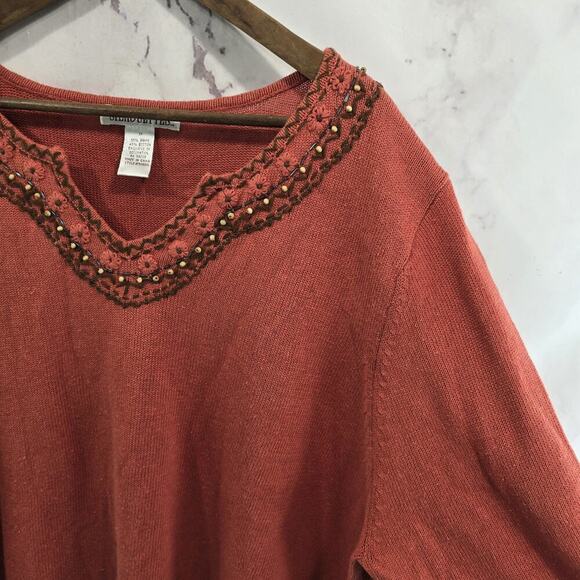 Vintage Sweater Womens 3X Coral 90s Y2K Artsy Coastal Cotton Ramie Embroidered - Picture 10 of 13